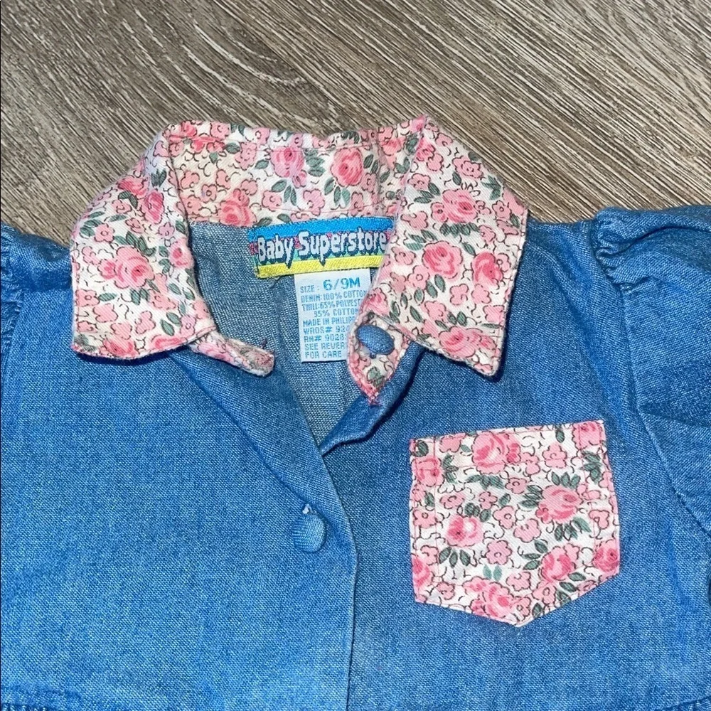 Baby superstore size 6/9 months Blue Denim Baby Jumpsuit with Floral Accents